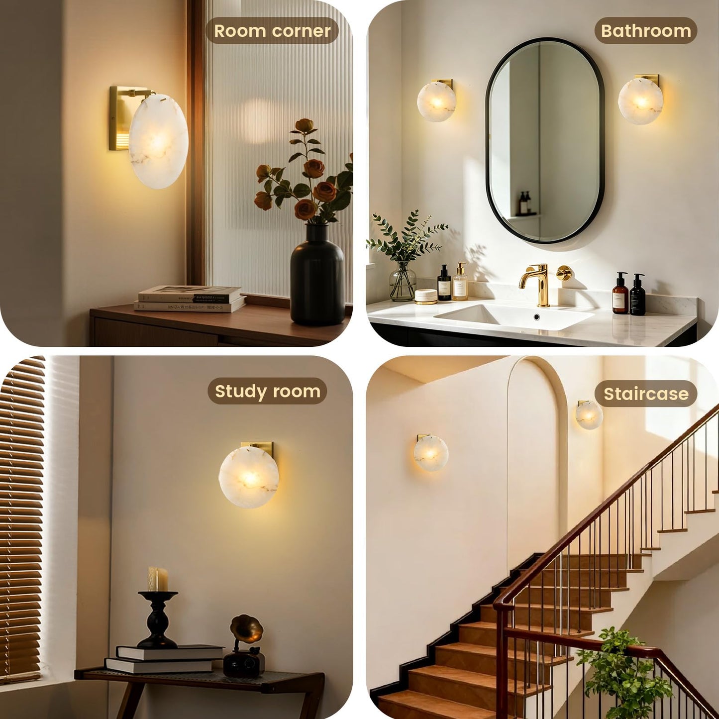 DLITISH Natural Alabaster Wall Sconce, 8.7 inch Round White Marble Wall Lamp with Gold Metal Base, Modern Alabaster Wall Light Fixture for Bedroom, Living Room, Dining Room, Hallway (E12 Bulb)
