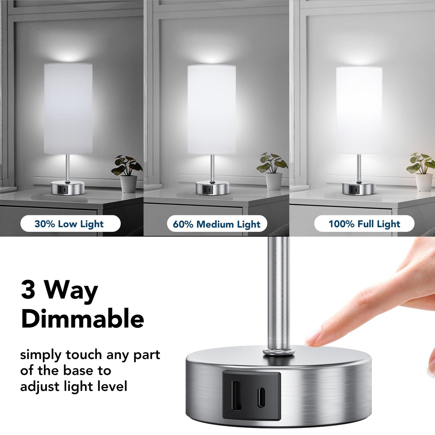 ROTTOGOON 12.8" Touch Control Table Lamp, 3-Way Dimmable Small Bedside Nightstand Lamp with 2 USB Ports, Modern Table Lamps with 6500K Daylight LED Bulb for Bedroom Living Room