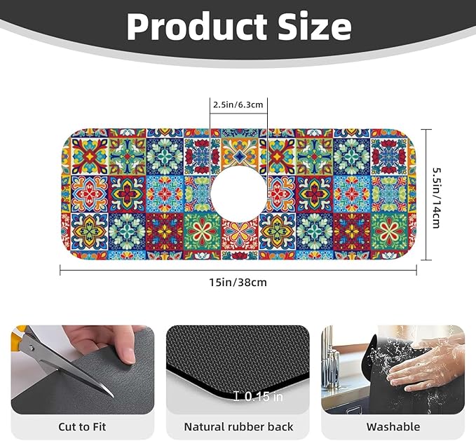 Talavera Mexican Ceramic Tiles Boho Kitchen Sink Splash Guard Faucet Mat 1 Pcs