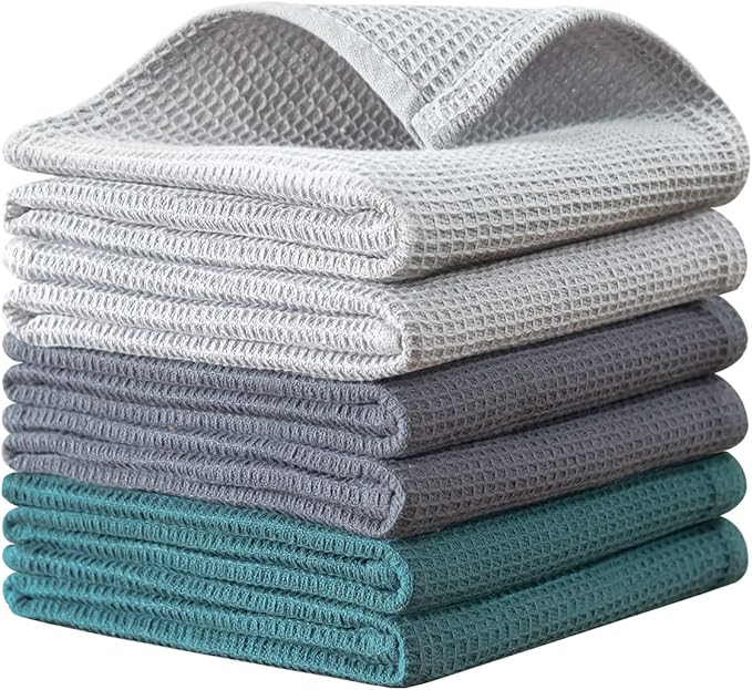 QUILTINA Dish Towels Set, 100% Cotton Waffle Weave Kitchen Towels 6 Pack