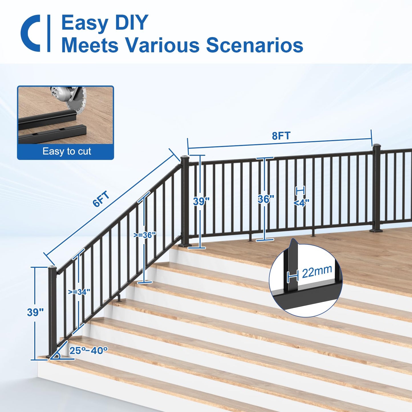 CKE 36 in. H x 8 ft. W Porch and Deck Railing Kit with Post, Aluminum Railing Kit, AAMA 2604 Black Textured Powder-Coat Finish Railing System for Outdoor Decks, Porches & Balconies(1 Post, 1 Panel)