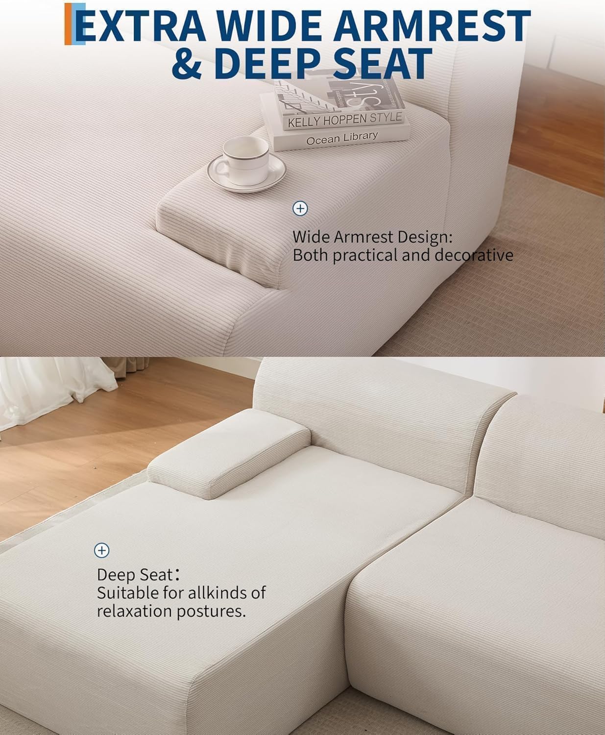 PeakPursuit Oversized 108" Corduroy Cloud Sectional, Left-Facing Chaise Boneless Modular Sofa, Soft Deep Lounger for Living Room, No Assembly Needed