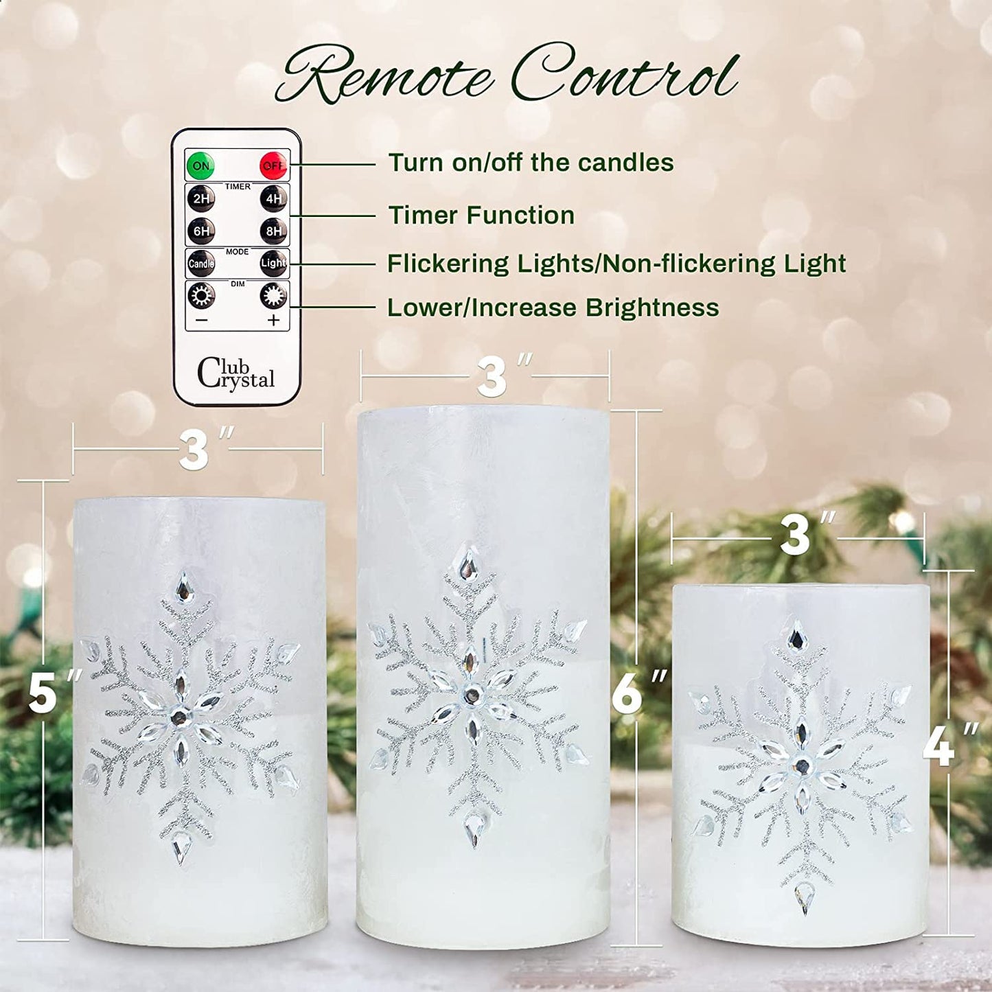 Crystal Club Christmas Flameless Candles, Battery Powered LED Real Wax Candles, Holiday Glass Flickering Candles with Beads and Snowflake Design for Xmas Tree, Home Mantel, Bedroom Decor, Set of 3