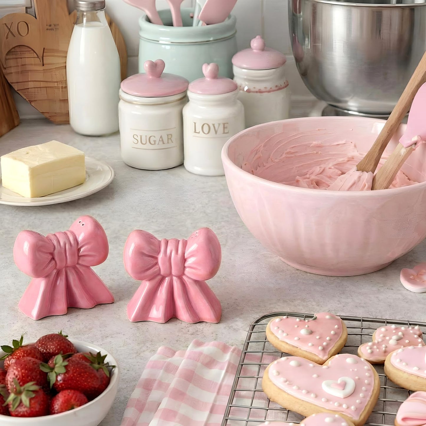 LemonRoad 2 Pcs Pink Bow Salt and Pepper Shakers Set Cute Bow Ceramic Decorative Salt and Pepper Shaker Set Coquettish Preppy Decor for Kitchen Dinner Table Party Funny Novelty Gift