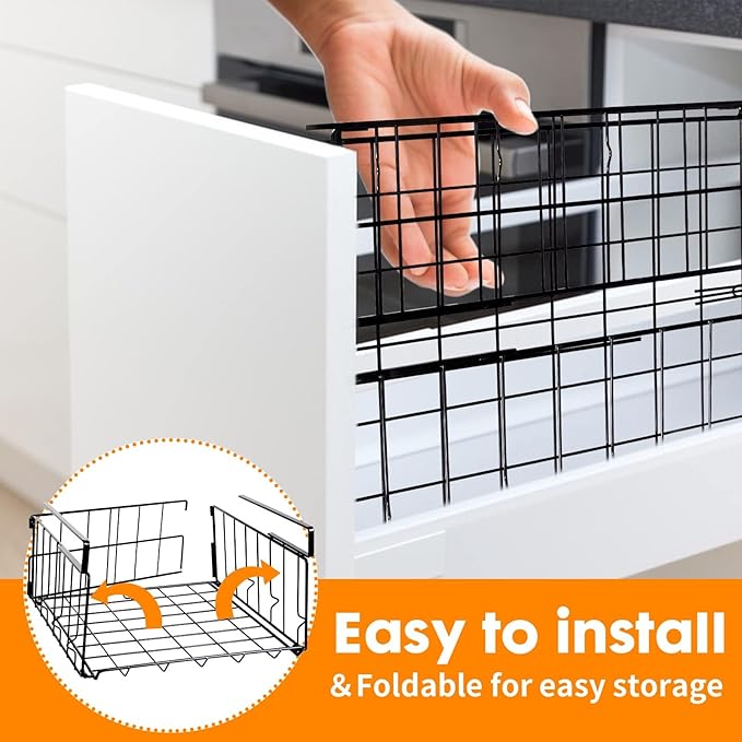 Hanging Under Shelf Storage Basket, 2 Pack Foldable Under Cabinet Metal Desk