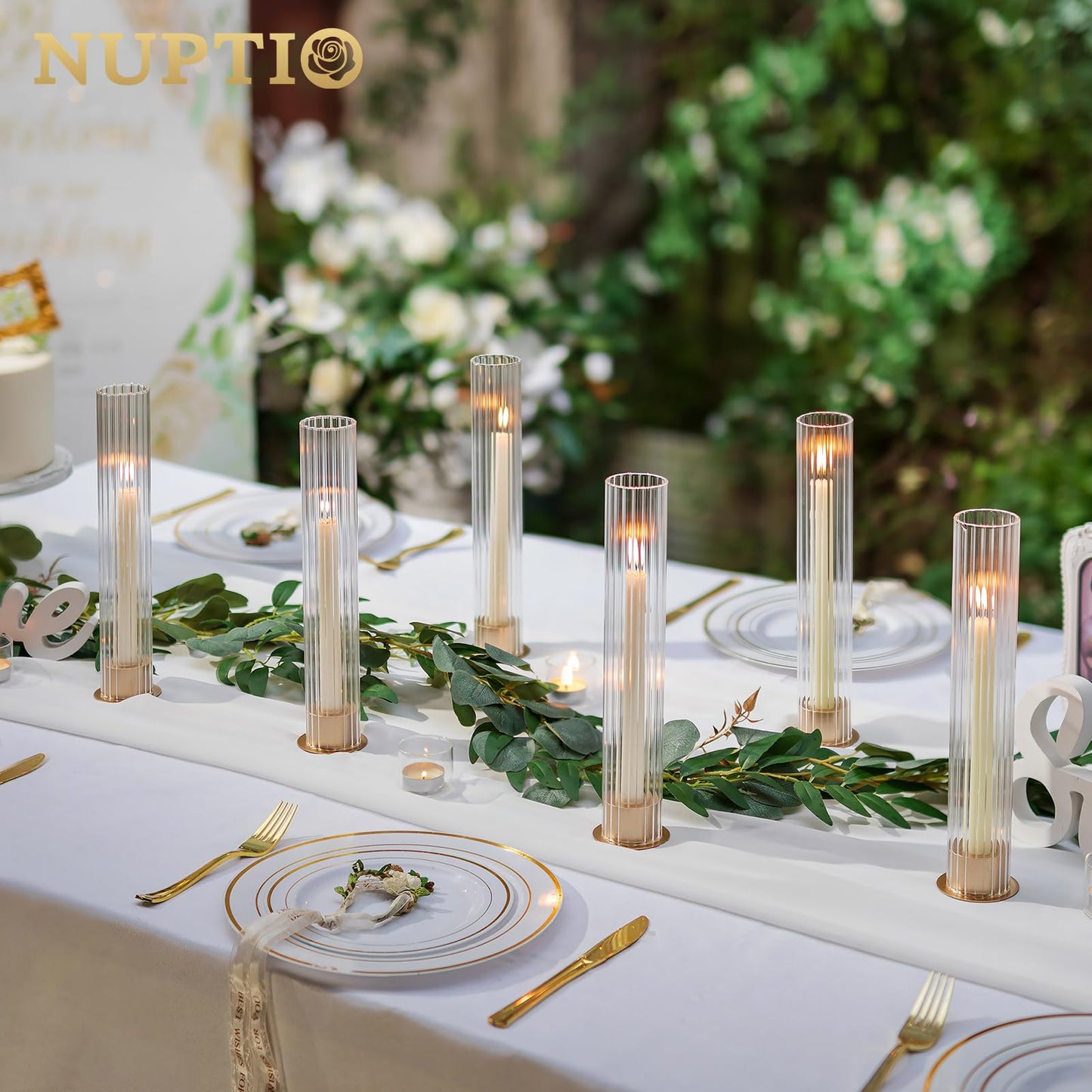 NUPTIO Candlestick Holder with Fluted Hurricane: Set of 6 Metal Candle Holders with Glass Cylinders - Gold Taper Candleholders for Birthday Valentine Wedding Table Centerpiece Outdoor Decor
