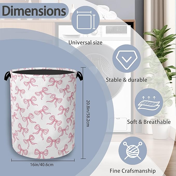Cute Pink Bow Laundry Basket, Foldable Oxford Cloth Tote Bag Laundry Hamper