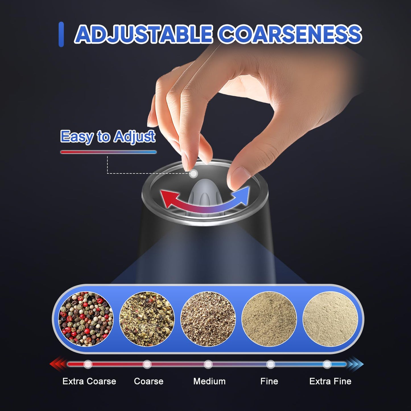 RECHARGEABLE - Gravity Electric Pepper and Salt Grinder Set, Adjustable Coarseness, With LED Light, One Hand Automatic Operation, 2 Pack-Black