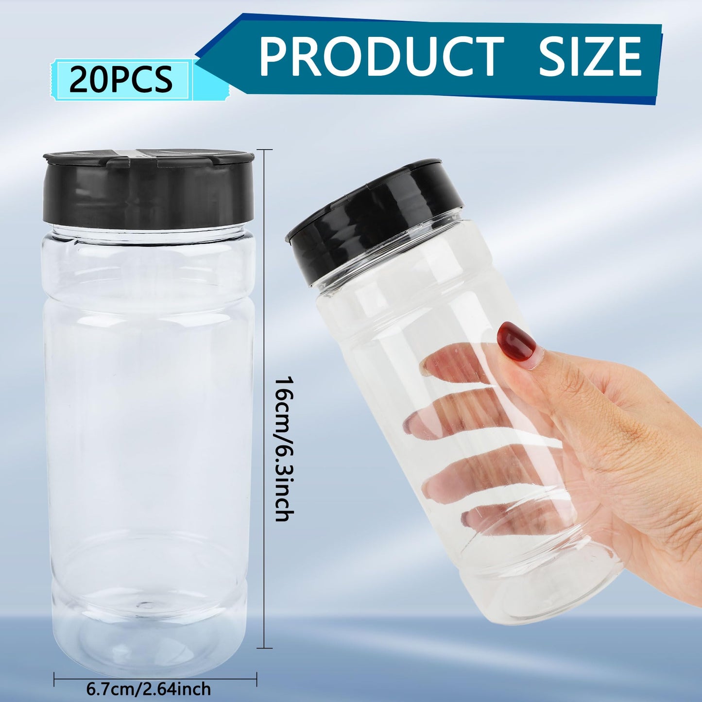 20 Pack 16 oz Plastic Spice Jars with Black Shaker Cap Reusable Seasoning Containers Jars with Shaker Lids Clear Empty Plastic Bottle for Storing Spice Seasoning Powders