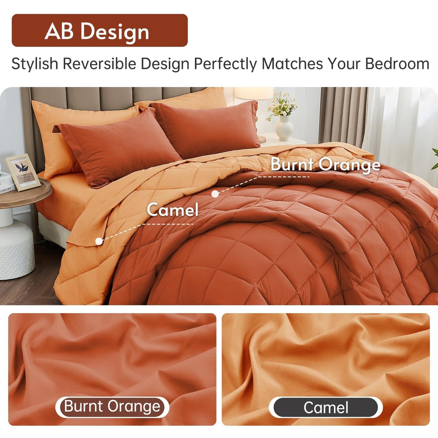 MUXHOMO 7 Pieces Queen Comforter Set, Reversible Bed in a Bag Queen Size, All Season Bedding Set with Comforter, Flat Sheet, Fitted Sheet, Pillowcases & Shams, Burnt Orange & Camel
