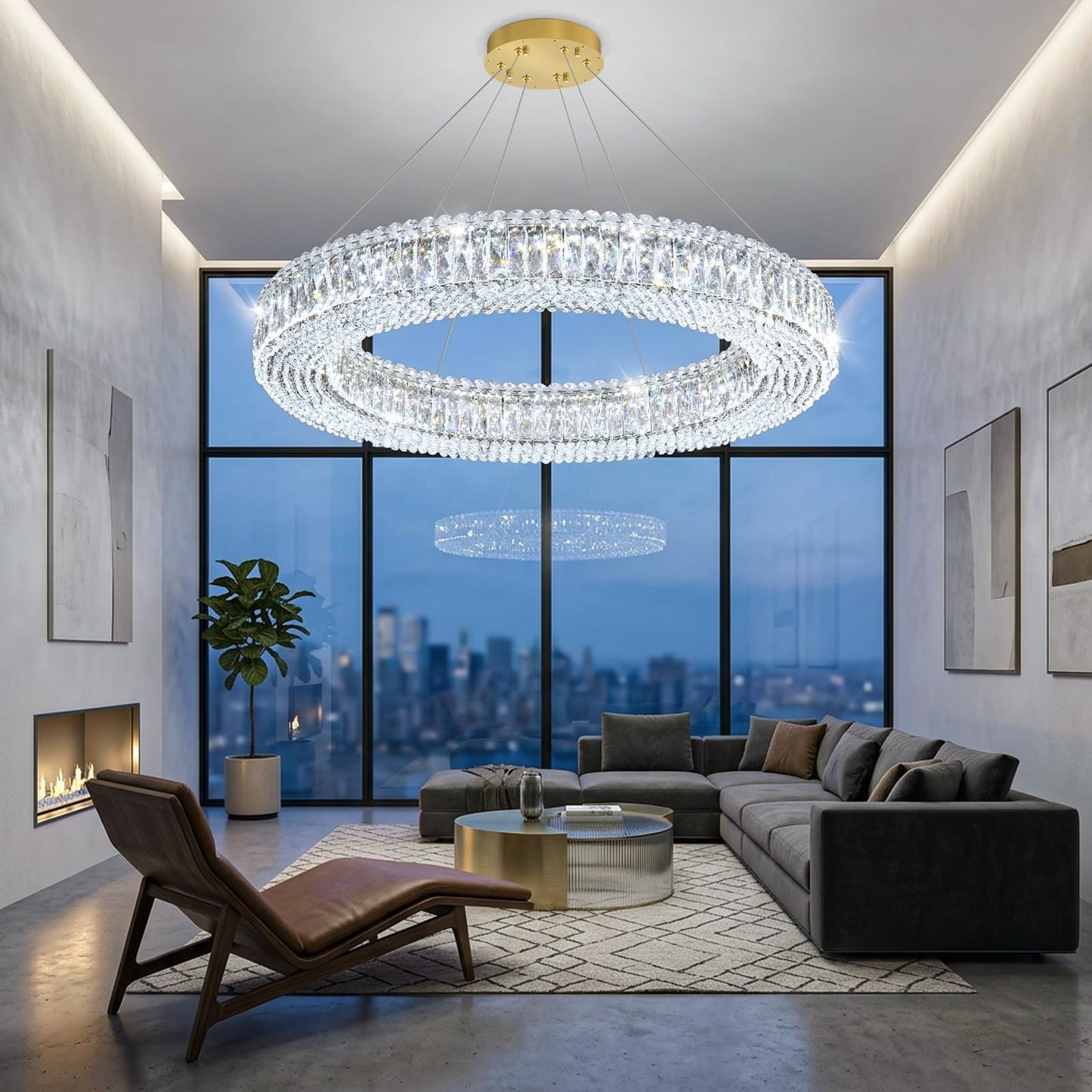 dolria Modern Crystal Chandeliers for Living Room Dimmable LED Pendant Lighting for Dining Room Ring Handing Light Fixture for Bedroom Foyer Gold