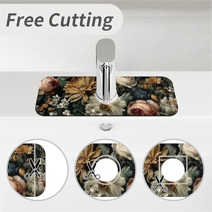 Kitchen Sink Splash Guard，Dark-floral Faucet Mat Sink Gadgets-Super Absorbent