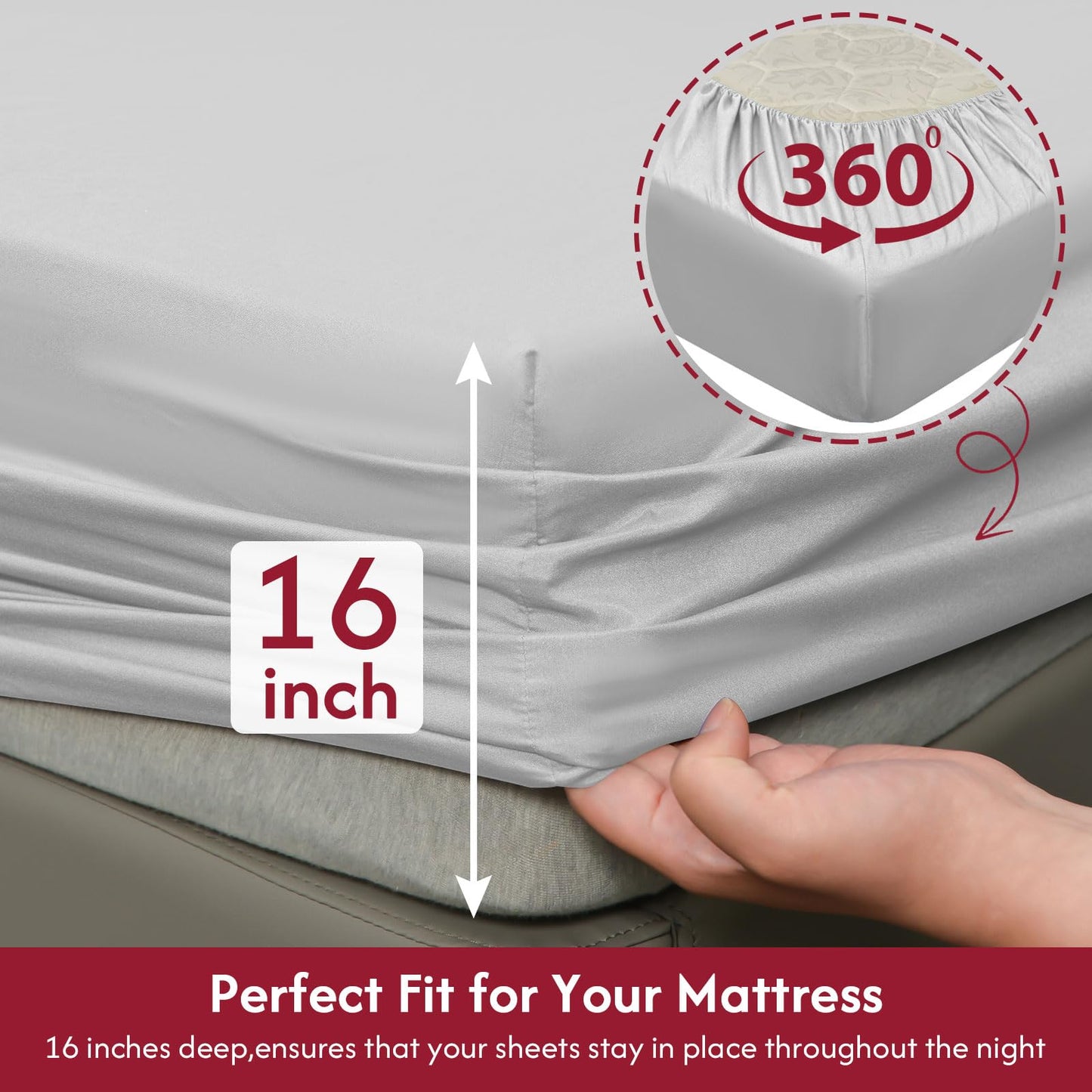 LONAVA King Size Sheet Set - 6 Piece Hotel Luxury Wrinkle-Free Microfiber Sheet, Oeko-TEX Certified, Breathable & Elastic, 16" Deep Pockets, Light Gray