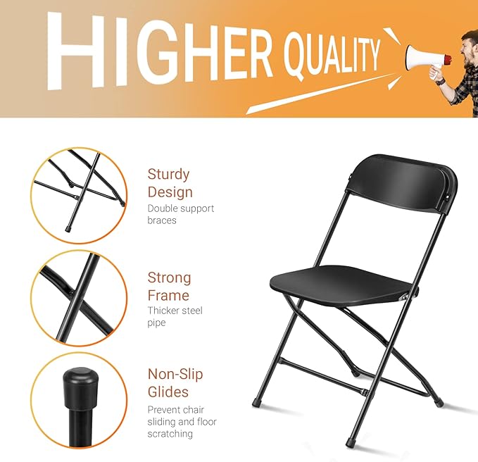 VINGLI 5 Pack Black Plastic Folding Chair, Indoor Outdoor Portable Stackable Commercial Seat with Steel Frame 350lb. Capacity for Events Office Wedding Party Picnic Kitchen Dining