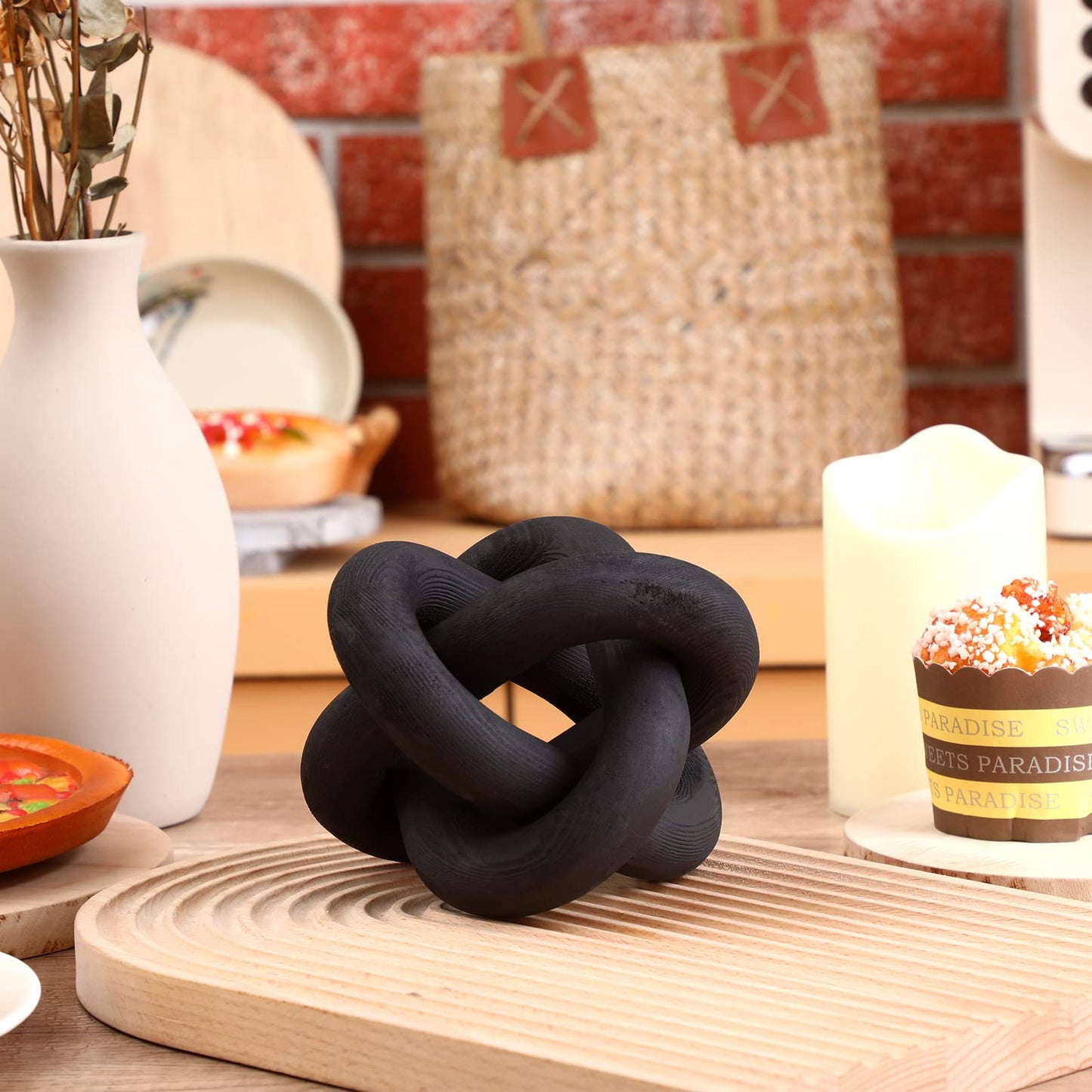Yalikop 3 Link Wood Knot Decor Rustic Home Décor Accents Hand Carved Coffee Table Decoration, Boho Chain Link Decoration, Modern Shelf, Rustic Objects for Home Living Room Bedroom(Black)