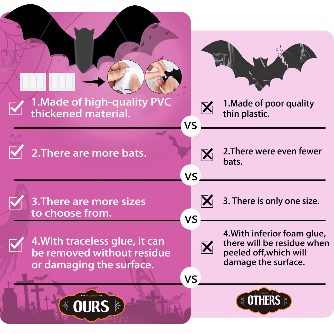 Pink Bats for Wall Halloween 3D Bat Blush and Black DIY Wall Decal Bathroom Indoor Cute Pastel Halloween, PVC Door Bats Stickers for Home (48pcs)