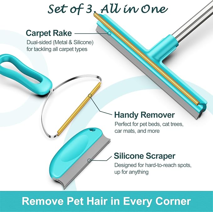 Carpet Rake for Pet Hair Removal, Dog Cat Fur Remover Rubber Broom, Stainless