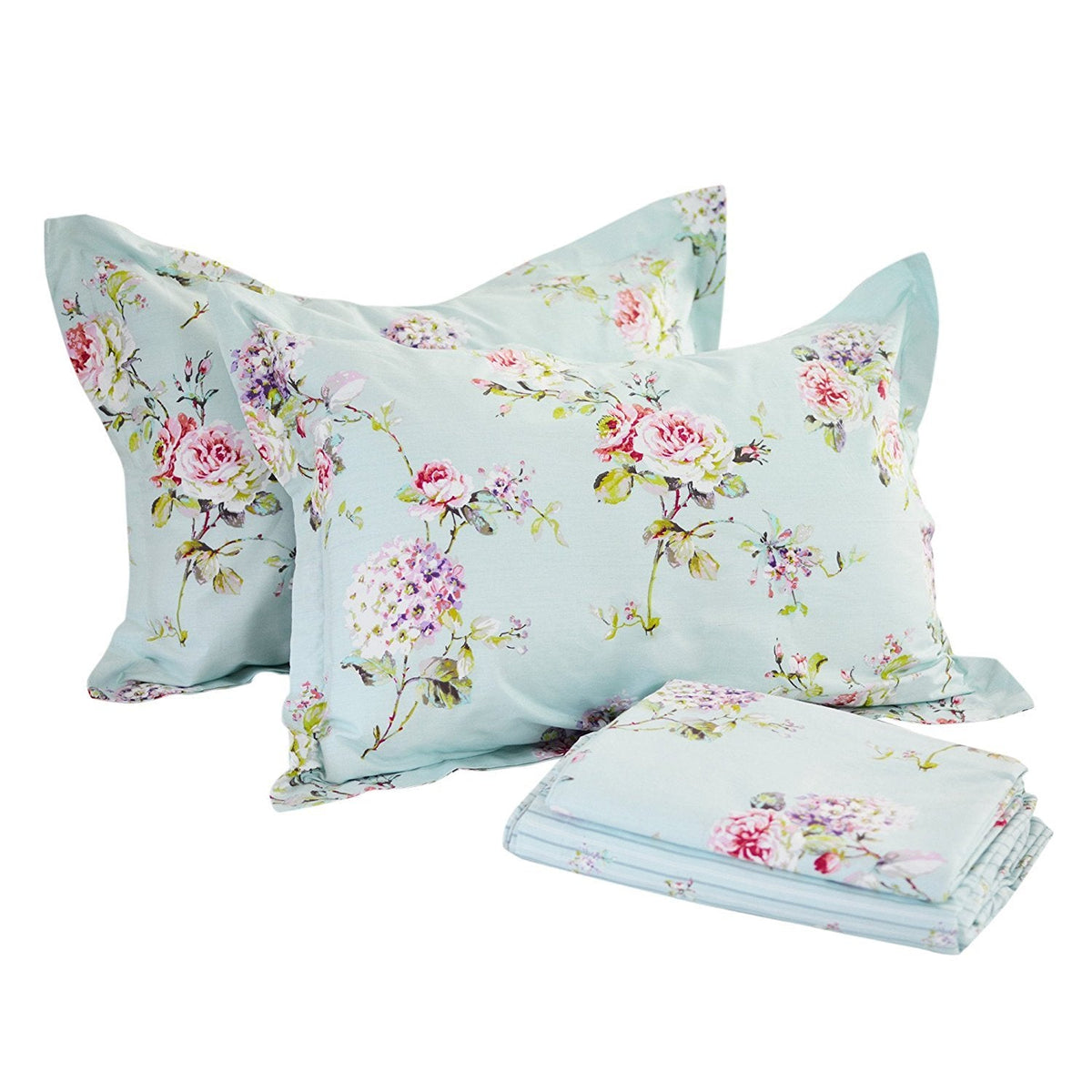 FADFAY Premium 100% Cotton Floral Sheet Set Queen – French Country Rose & Hydrangea Botanical Bedding, Ultra Soft Breathable Vintage Garden Bed Sheets, Deep Pocket Fitted Sheet, 4-Piece