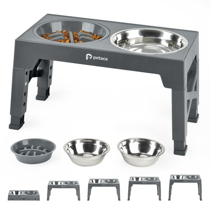 Petace Elevated Dog Bowls for Large Dogs, Raised Dog Bowl Stand with Slow Feeder Bowl & 2 Stainless Steel Dog Food Bowls, 5 Heights Adjustable for Small Medium Large Dogs and Pets