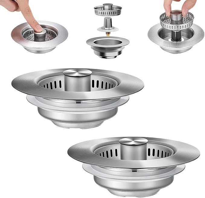 3-in-1 Kitchen Sink Drain Strainer & Sink Stopper 2 Pack : 304 Stainless Steel