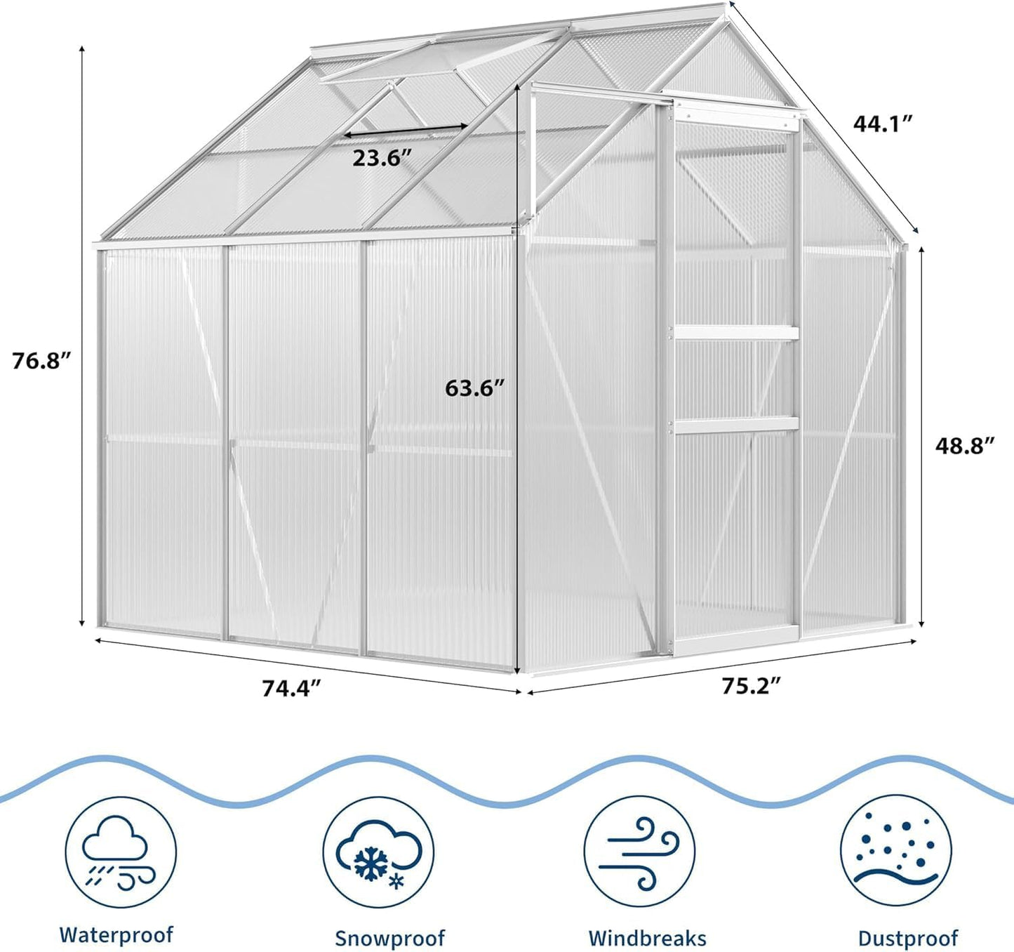 IDEALHOUSE 6x6 ft Polycarbonate Greenhouse with Adjustable Roof Vent, Walk-in Greenhouse for Outdoor Garden Backyard, Heavy Duty Aluminum Frame, 720g/M² PC Panels, Silver