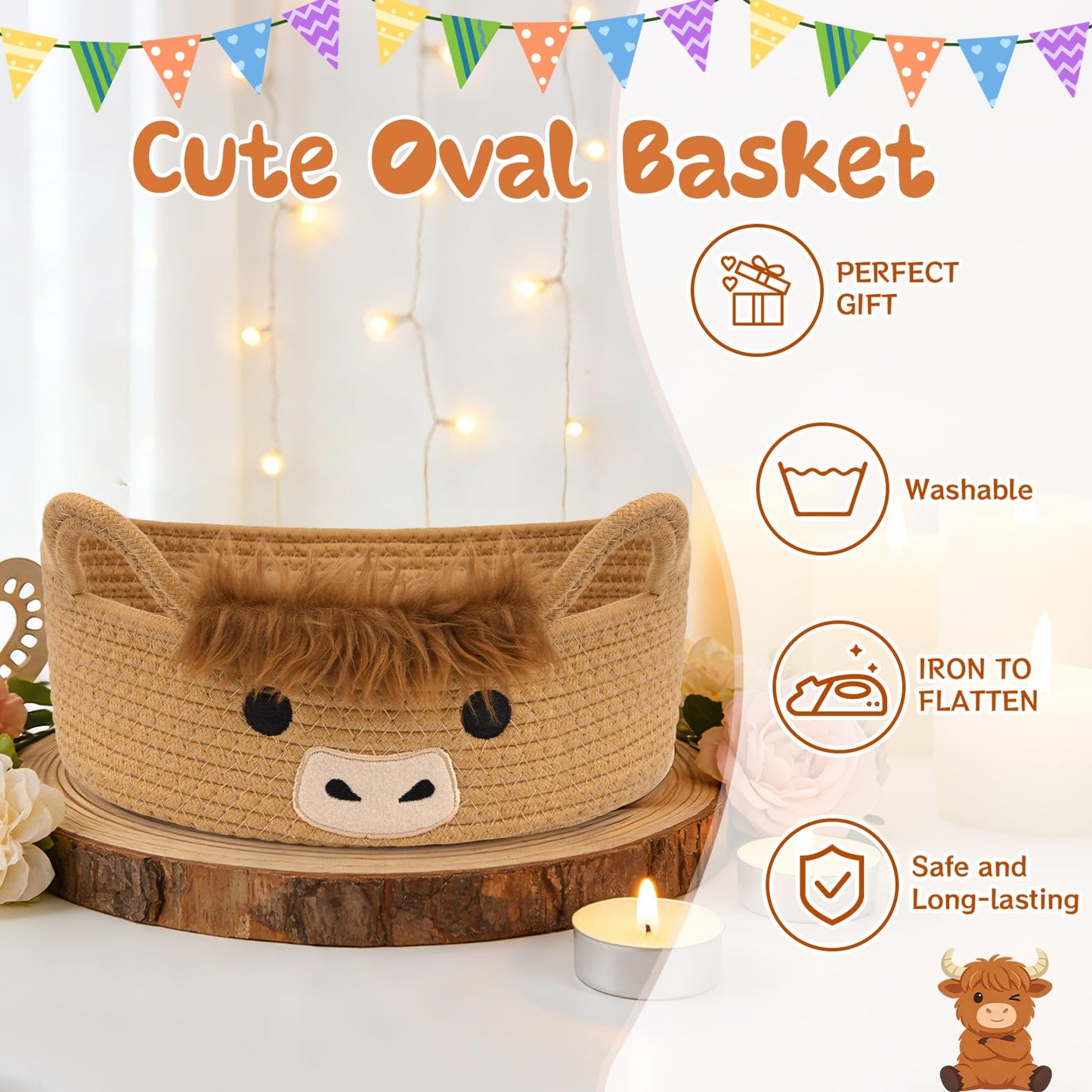 Hkojewp Oval Highland Cute Cow Basket for Nursery, Small Woven Gift Basket, Rope Cotton Storage for Gifts Empty, Baby Shower Blanket 0rganizer with Handles,Towel Decorative Bins, 12"D x 5"H in