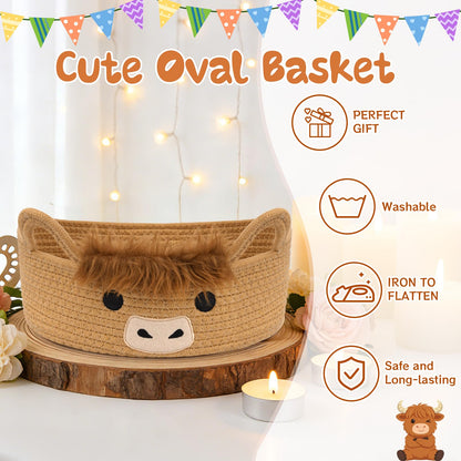 Hkojewp Oval Highland Cute Cow Basket for Nursery, Small Woven Gift Basket, Rope Cotton Storage for Gifts Empty, Baby Shower Blanket 0rganizer with Handles,Towel Decorative Bins, 12"D x 5"H in