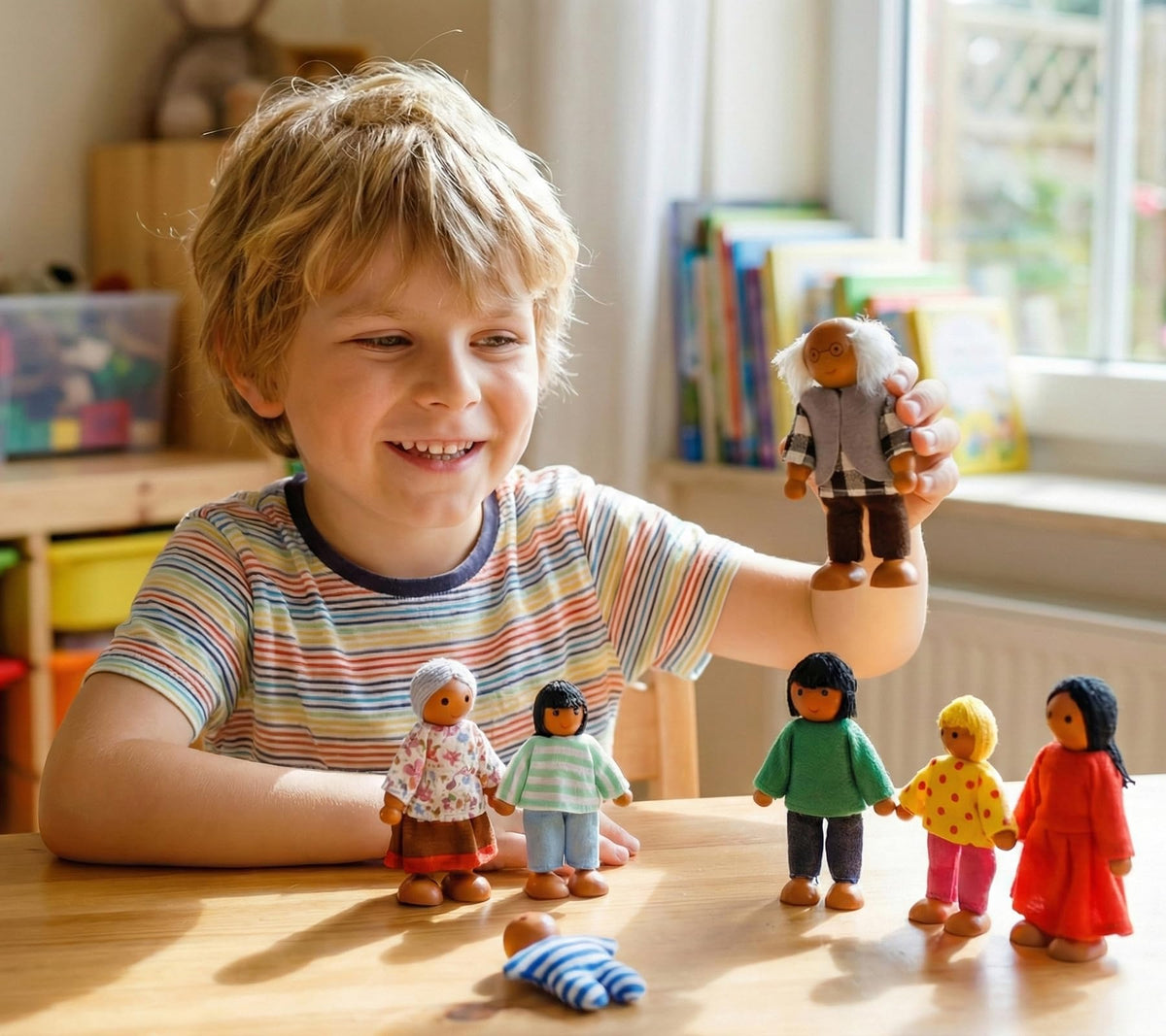 Jzszera 15 Pcs Wooden Dollhouse People with Movable Limbs, Doll House Family Figures for Educational Pretend Play