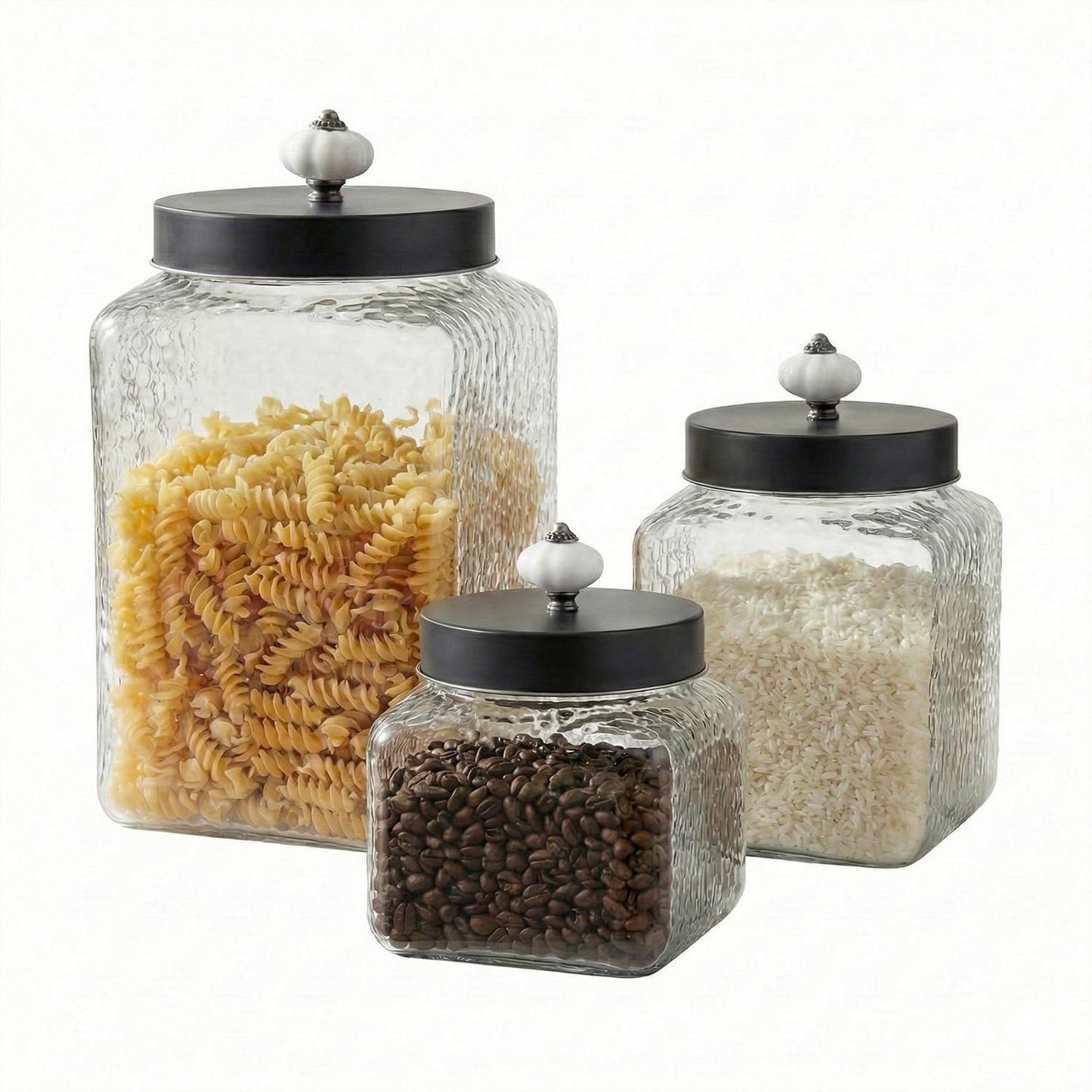 Style Setter Square Canister Set 3-Piece Glass Jars in 43, 64 and 75 ounces Chic Retro Design with Airtight Stainless Steel Lids for Cookies, Candy, Hammered