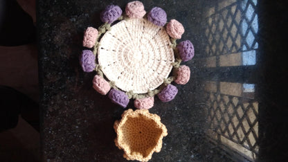 Handmade Crochet Coaster Set with Mini Basket | Boho Floral Rose Coasters for Coffee Table, Wedding Gift, Housewarming & Birthday Décor (Pattern 2)