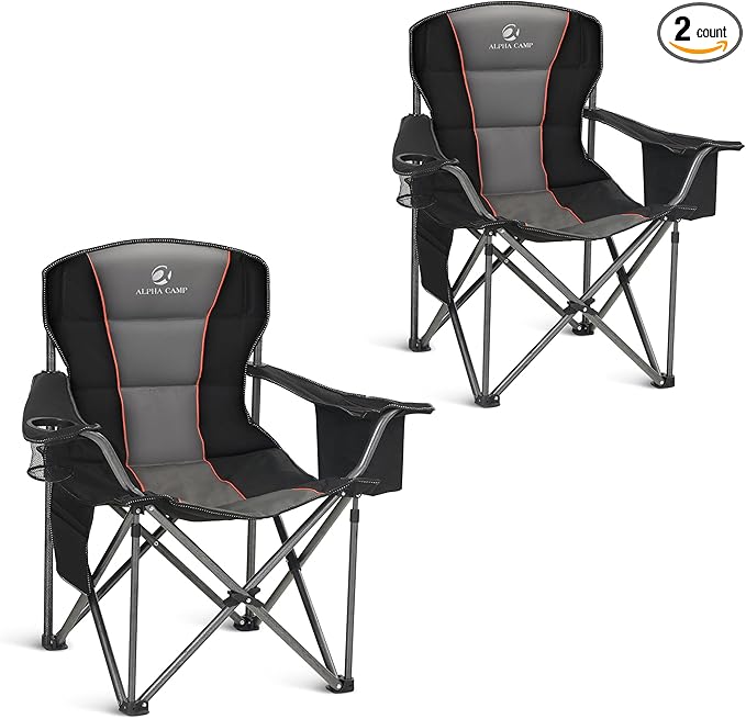 ALPHA CAMP Heavy Duty Camping Chair 500LBS Capacity, Oversized Folding Chair for Heavy People, Padded Portable Outdoor Chair with Cooler Bag & Cup Holder for Camping, Fishing, Beach