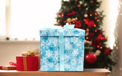 Jaywayang 10" Large Christmas Gift Box with Lid and Ribbon, Blue Snowflake Gift Box with Paper Filler for Holiday Xmas Presents Wrapping.