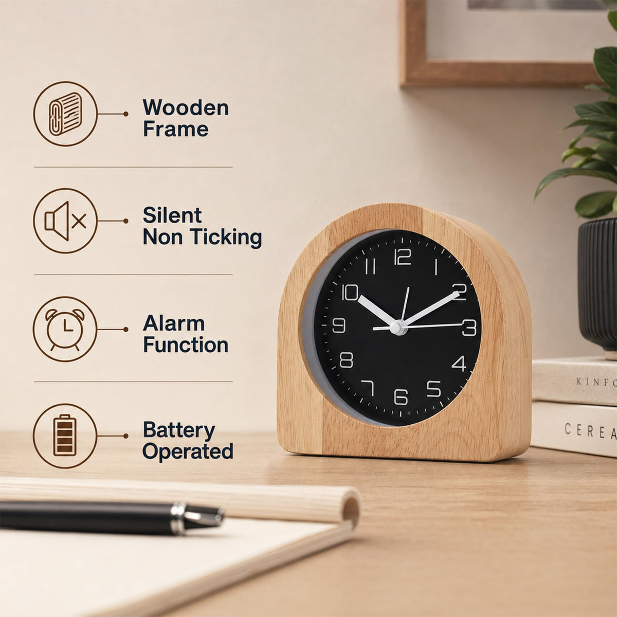 bakbrand Analog Alarm Clock 5" Silent Non-Ticking Small Solid Wood Desk Clocks Battery Operated Simple Style Retro Table Clock for Office/Bedroom/Kitchen/School/Bedside/Shelf (Light Wood, Arch)