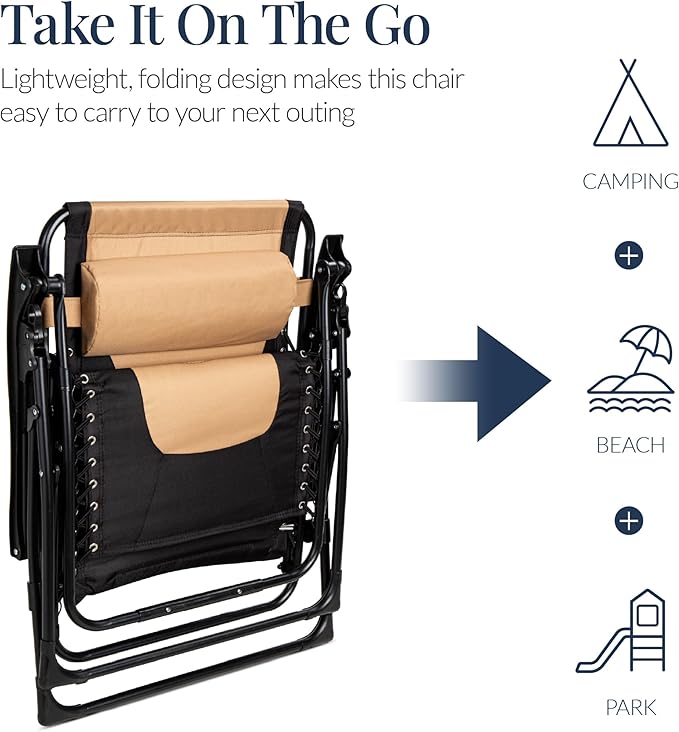 Best Choice Products Oversized Padded Zero Gravity Chair, Folding Outdoor Patio Recliner, XL Anti Gravity Lounger for Backyard w/Headrest, Cup Holder, Side Tray, Polyester Mesh - Tan
