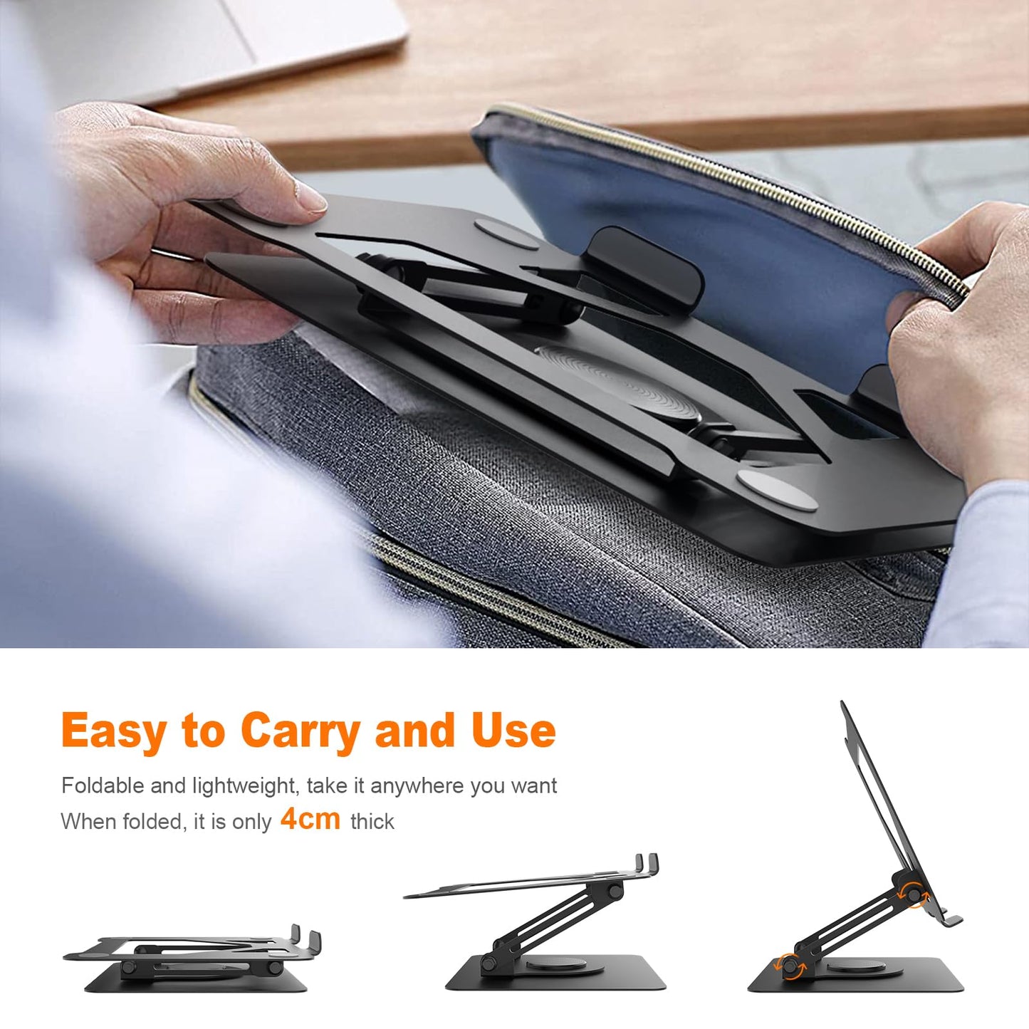 GRIFEMA Laptop Stand for Desk, Foldable Laptop Riser with 360° Swivel Base, Adjustable Height & Angle, Ventilated Computer Stand Compatible with MacBook Air/Pro, Dell, and 11-17" Laptops - Black