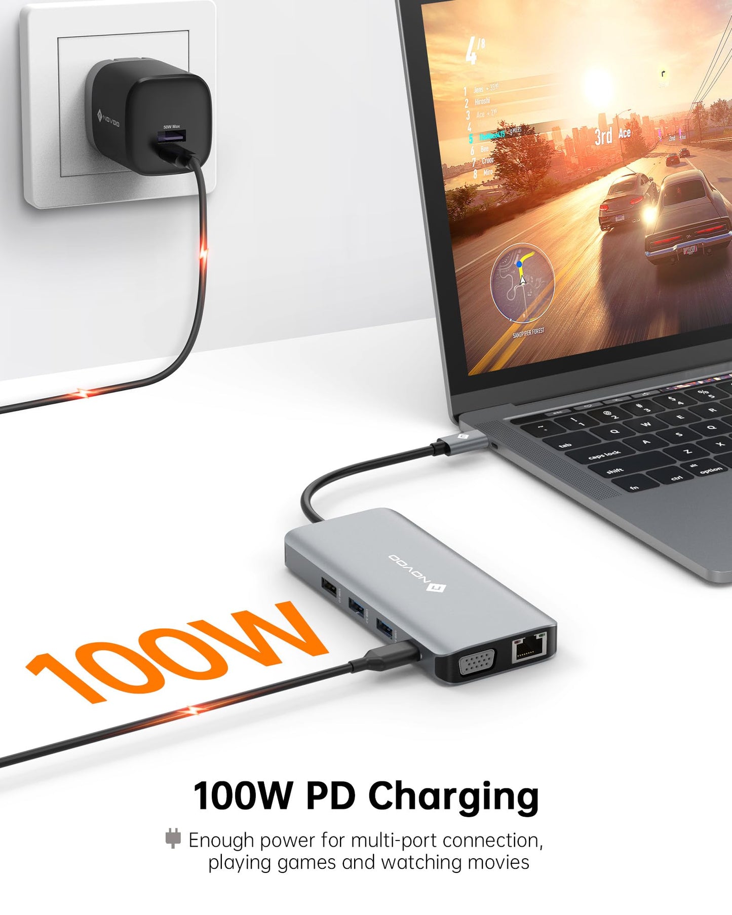 USB C Docking Station Triple Monitor, NOVOO RM11 Docking Station Dual HDMI Adapter, 4K@60Hz HDMI, VGA Gigabit Ethernet 100W PD 4USB Ports, USB C Dock for MacBook and Other USBC Laptops