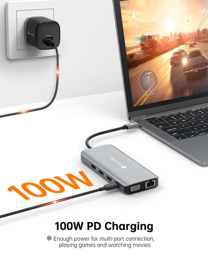 USB C Docking Station Triple Monitor, NOVOO RM11 Docking Station Dual HDMI Adapter, 4K@60Hz HDMI, VGA Gigabit Ethernet 100W PD 4USB Ports, USB C Dock for MacBook and Other USBC Laptops