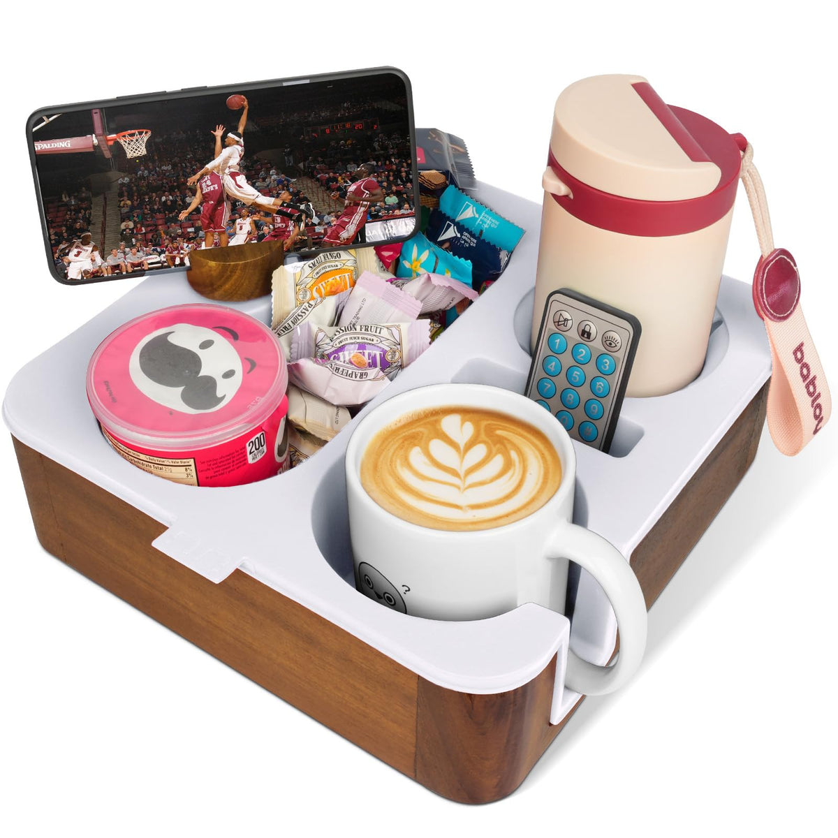 Couch Buddy Couch Cup Holder Tray, Real Acacia Wooden Caddy with Soft Silicone, Snack and Drink Organizer- Perfect Movie Night Accessories for Bed, Remote and Cup Holders for Sofa (White)