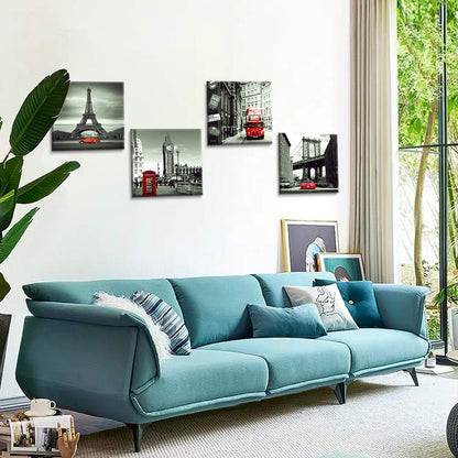Artscope 4 Pieces Wall Art Canvas Prints - Red Cityscape with Eiffel Tower, Big Ben, Tower Bridge Picture Painting- Modern Wall Artwork Framed for Bathroom Home Office Decor - 30 x 30 CM