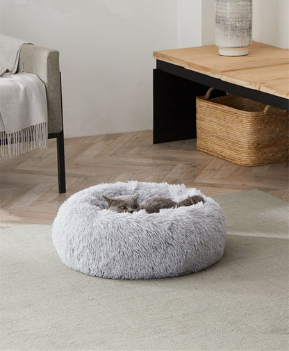 Enjamoy Plush Donut Dog Bed, Calming Round Dog Cat Bed Soft and Fluffy Cuddler Pet Cushion Self-Warming Puppy Beds Machine Washable, Grey 50cm