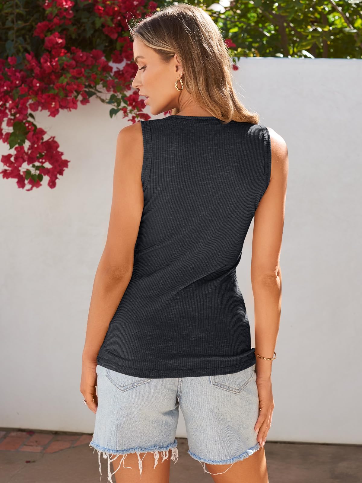 Kissfix Tank Tops for Women Summer Casual Cute Sleeveless Henley Shirts Beach Vacation Clothes Basic Tees Black Grey M