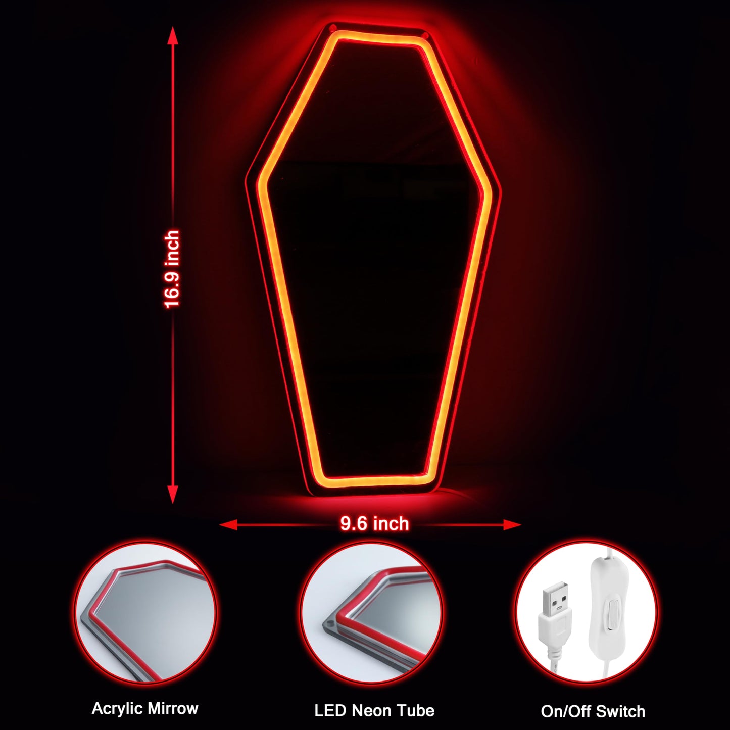 Kavaas Neon Coffin Mirror 16.9" x 9.6", Gothic LED Light Mirror Sign for Gothic Room Decor, Living Room, Bedroom, Bar - Best Gifts for Goth Lovers, Halloween Neon Signs Wall Art, Christmas