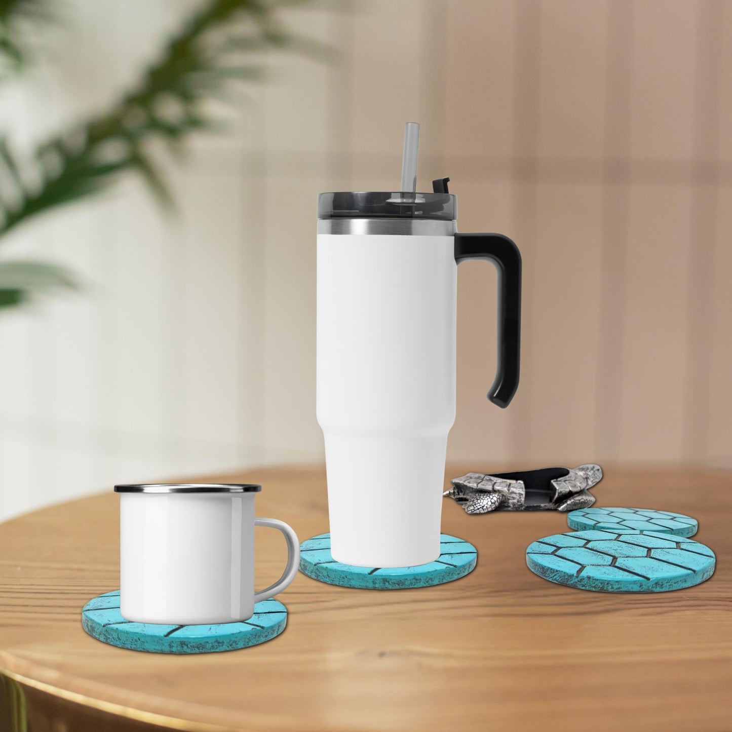 Sea Turtle Coaster Set with Holder – 4 Nautical, Ocean, and Tropical Silver & Turquoise Resin Coasters – Coastal Beach Home, Bar, Kitchen, or Dining Room Décor – Ideal Gift for Sea Life Lovers
