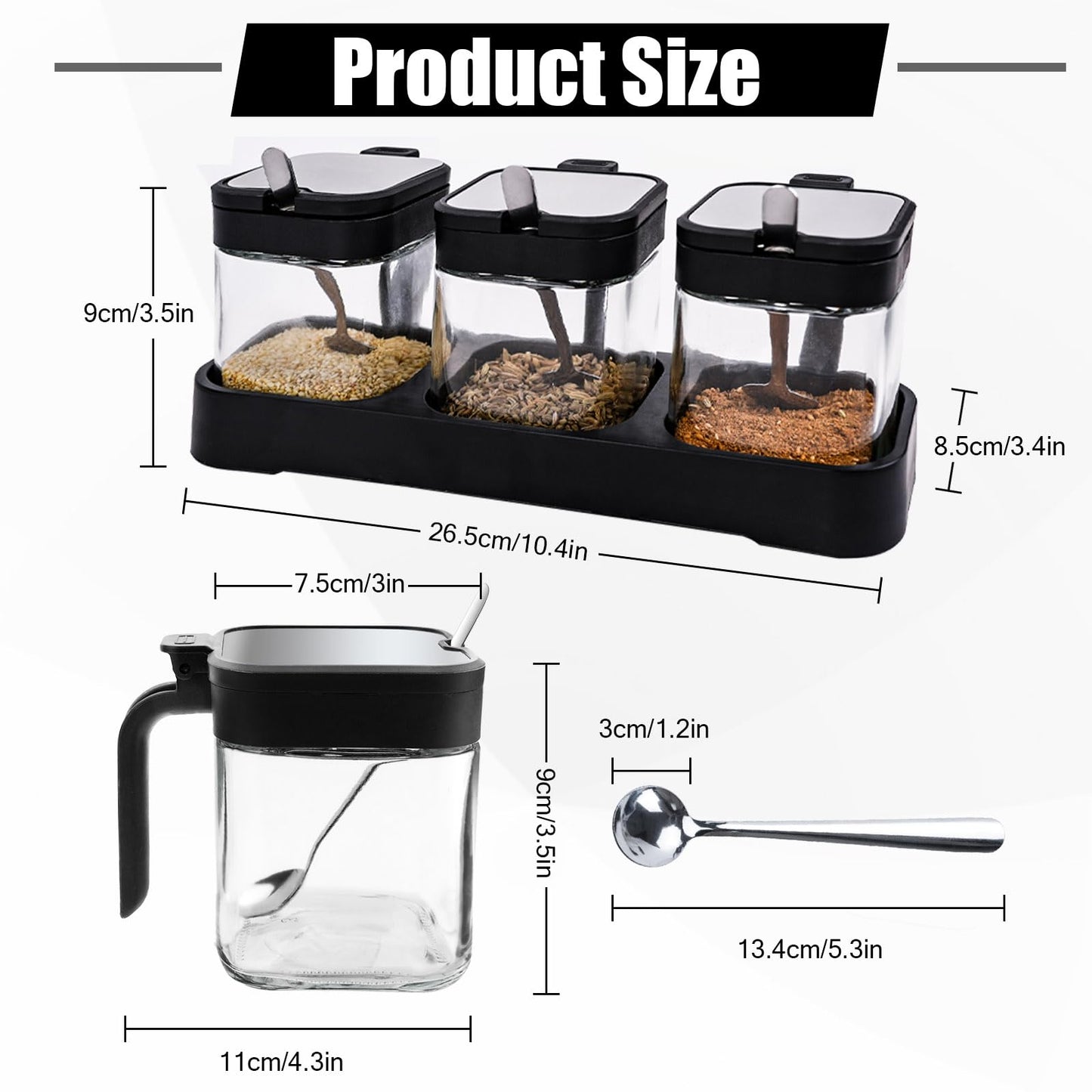 JEPELUS 3 Pcs Condiment Jar Spice Container with Lids and Spoons, Clear Glass Salt and Sugar Container Sets, Square Condiment Canisters Pots Seasoning Box for Kitchen Countertop (Black)