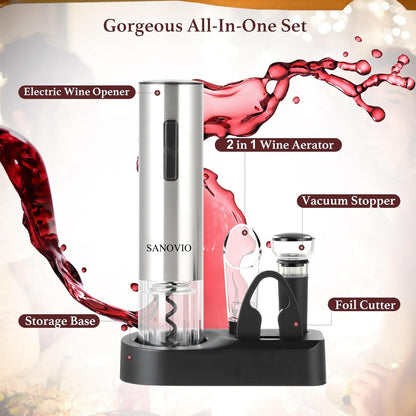SANOVIO 6-in-1 Electric Wine Opener Set - Rechargeable Automatic Corkscrew with Vacuum Sealer, Wine Aerator, Foil Cutter & Charging Base,Valentine's Day Gifts, Wine Lovers (Stainless Steel)