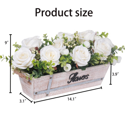Centerpiece Table Decorations Rustic Wood Tray with 3 Artificial White Rose Flowers and Fake Eucalyptus for Dining Room Farmhouse Living Room Kitchen and Coffee Table Décor