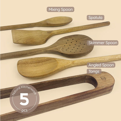 Mitus Non-Toxic Wooden Cooking Utensils - 5 Pcs Natural Acacia Hardwood Set for Nonstick Pans & Cookware - Kitchen Gift Set (Wooden Spoons, Skimmer, Tongs, Spatula)