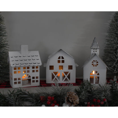 AuldHome Design Farmhouse Christmas Village Collection #2 w/Church, Barn and School (Set of 3, White); Candle Lantern Decorative Christmas Town Display