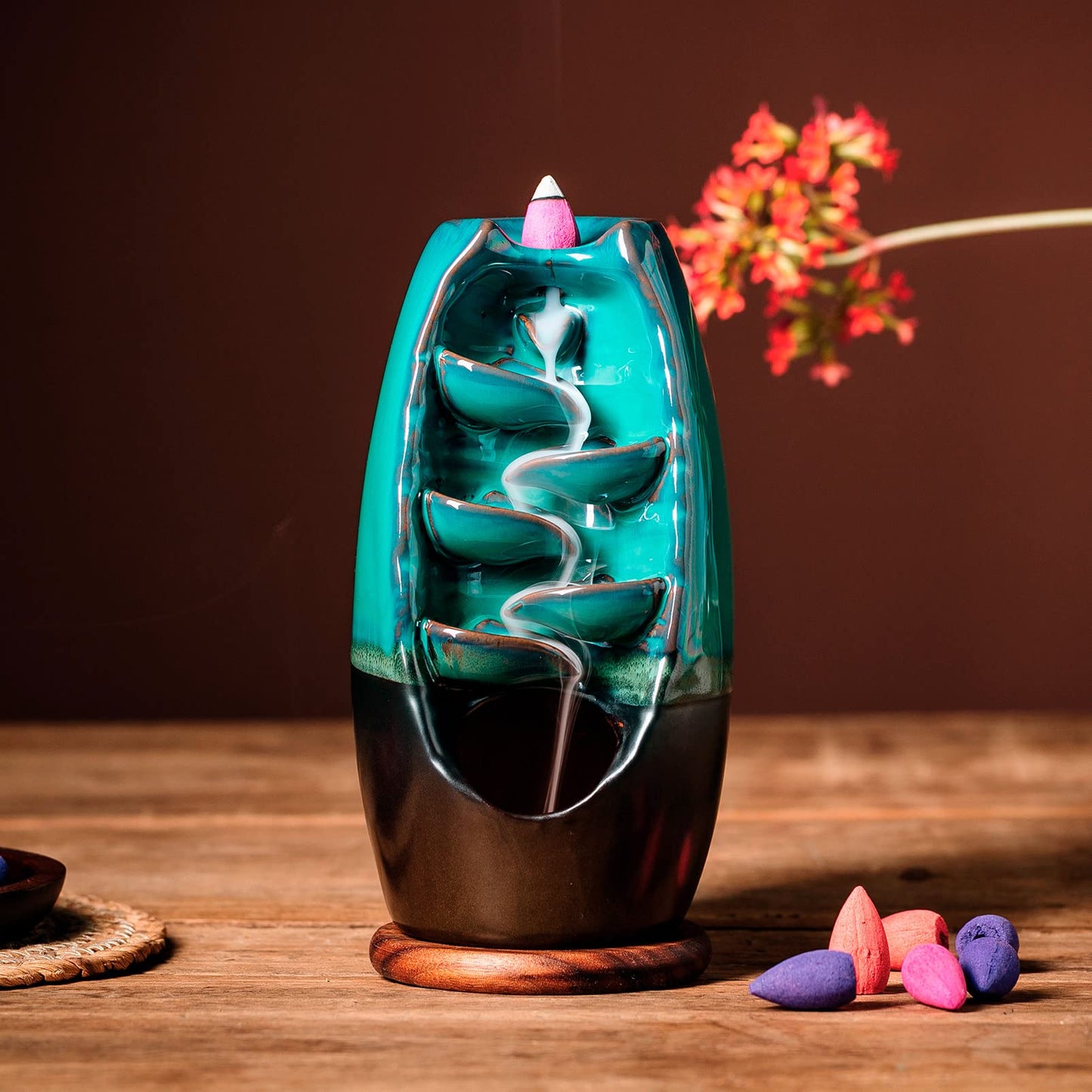 INONE Ceramic Incense Burner with 100 Upgraded Cones, Waterfall Backflow Incense Holder, Aromatherapy Ornament, Zen Decor, Home Decor, Room Decor (Cyan)