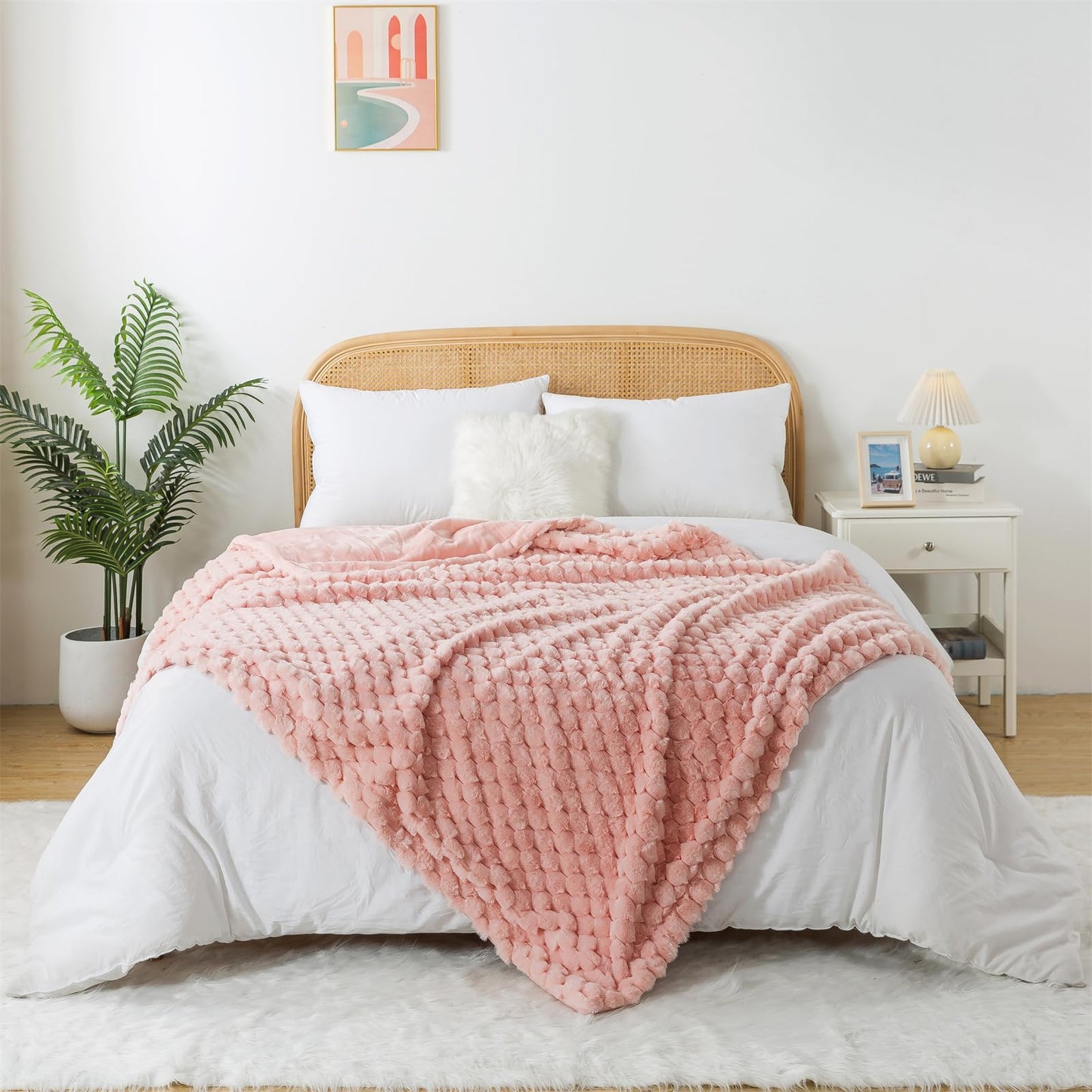 Wajade Plush Faux Rabbit Fur Throw Blanket, Soft Diamond Pattern Jacquard Double-Layered Fluffy Fleece Blanket for All Seasons Cozy Decorative Blanket for Couch Bed Sofa, 60 x 80 inches, Pink